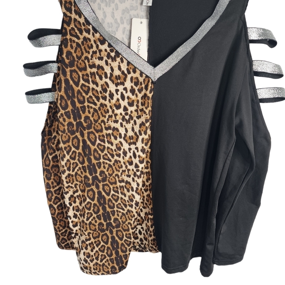 OC Order Plus Large open shoulder black & cheetah print Shirt Blouse NWT